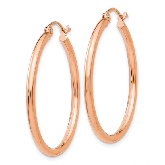 2mm, 14k Rose Gold Polished Round Hoop Earrings, 30mm (1 1/8 Inch) - Picture 2 of 4